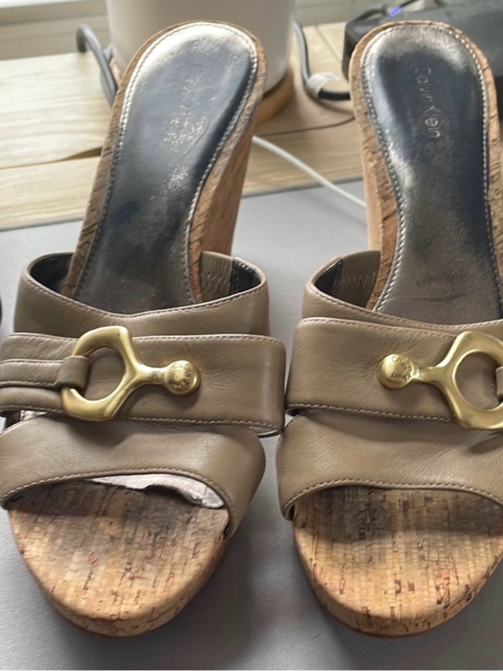 Calvin Klein Taupe Leather Cork Slide Mules with Gold Hardware
